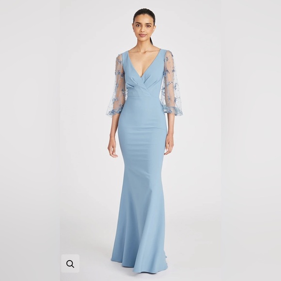 NWT Theia Kiera Light Blue Beaded Puff Sheer Sleeve Ethereal Gown - Picture 3 of 17